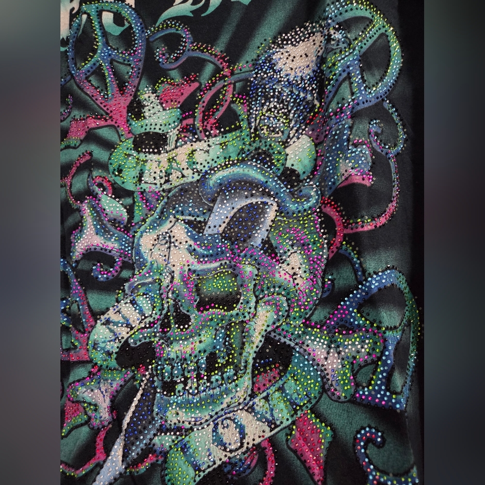 Ed Hardy Black Graphic Embellished Rhinestone T-Shirt for Men Sz.L - Picture 2 of 10